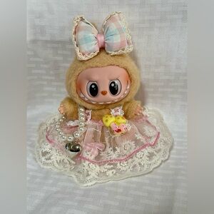 Floral Lace Labubu Dress (Outfit ) & Pastel Gingham Bow - Cream, Pink, Yellow